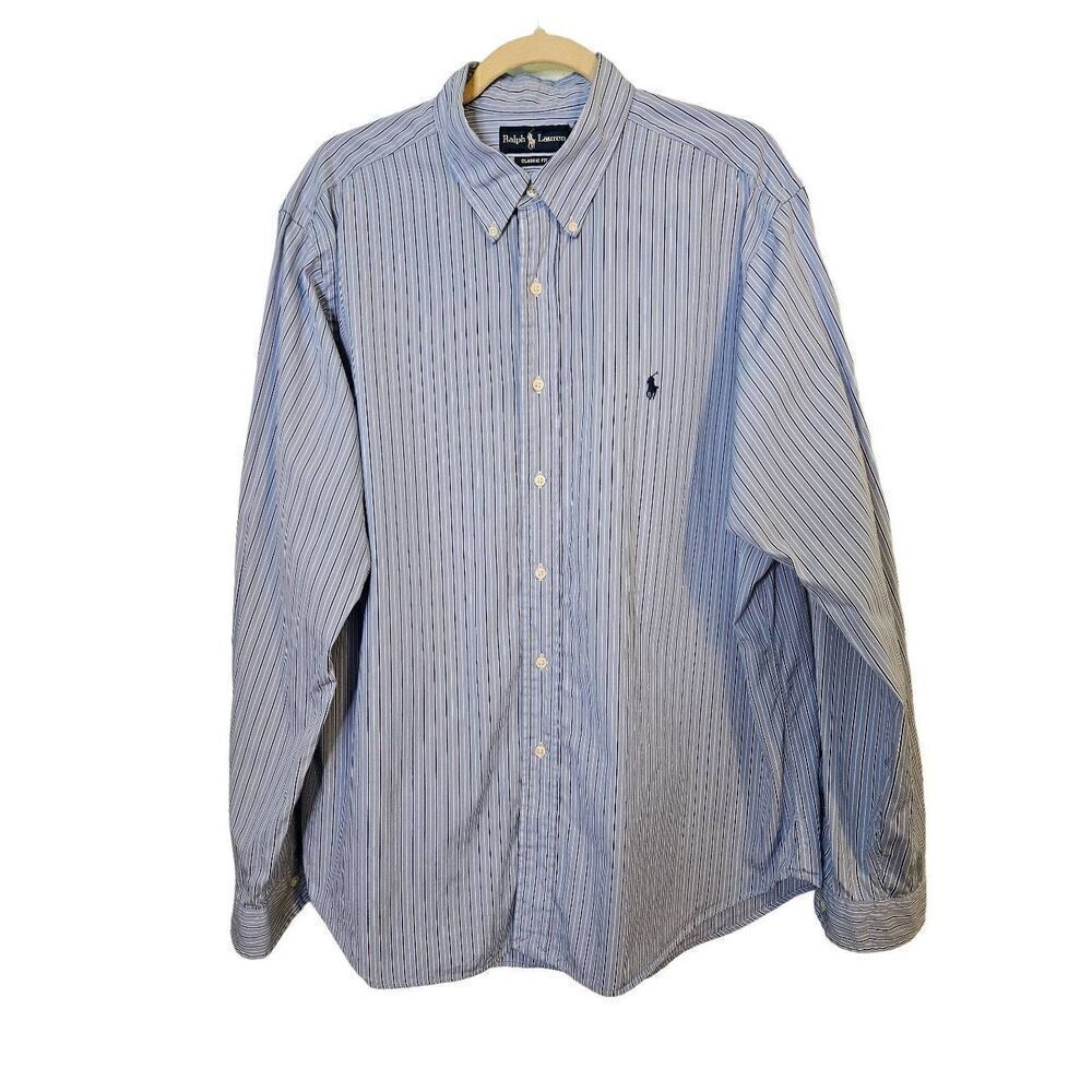 Ralph Lauren classic fit blue pin striped button up shirt. Size XL (17.5). SKU-